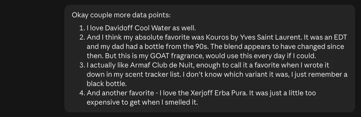 A follow-up note to Claude naming Kouros and other favorite fragrances.
