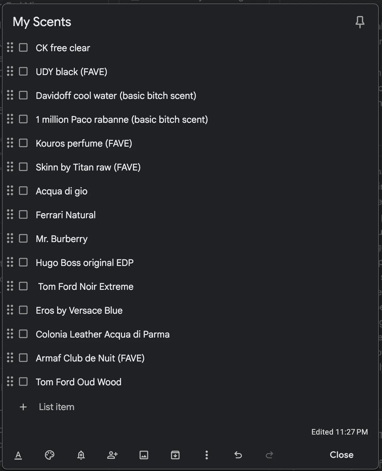 A dark note titled My Scents listing Cyril's fragrance collection, including Kouros.